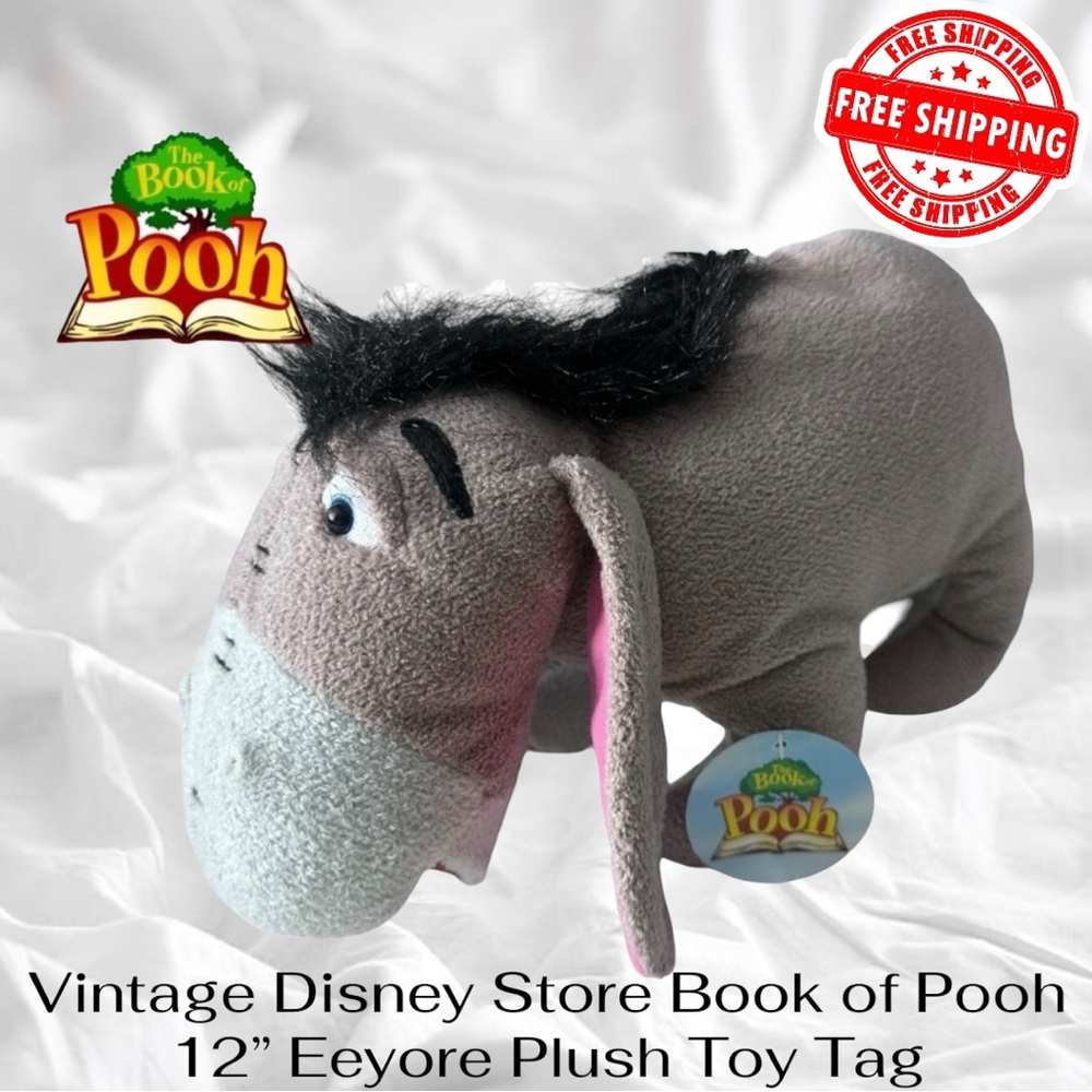 Vintage Disney Store Book of Pooh 12” Eeyore Plush Toy Tag FREE SHIPPING